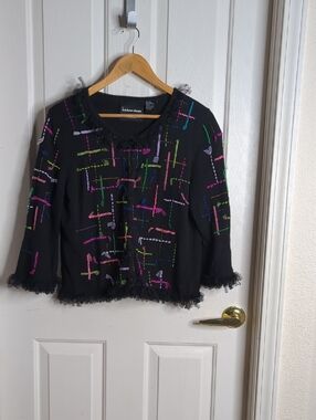 Vintage Michael Simon 2002 Black Embroidered Cardigan Jacket Colorful Tulle